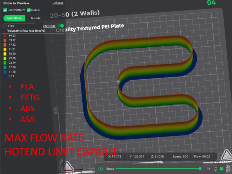 Creality Print Custom Max Flow Test - Up to 50 mm3/s