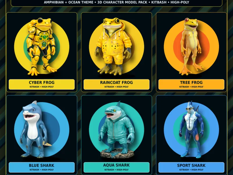 Frog & Shark Creature Pack – Amphibian Ocean Character