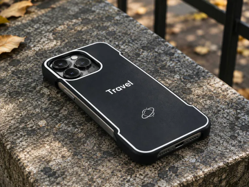 Carcasă tip bumper pentru iPhone 15 Pro cu inscripția "Travel"