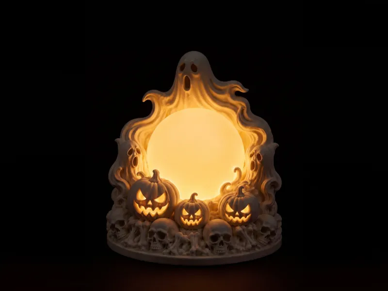 Haunted Halloween Moon Lamp 3D Print | Ghost & Pumpkin Decor