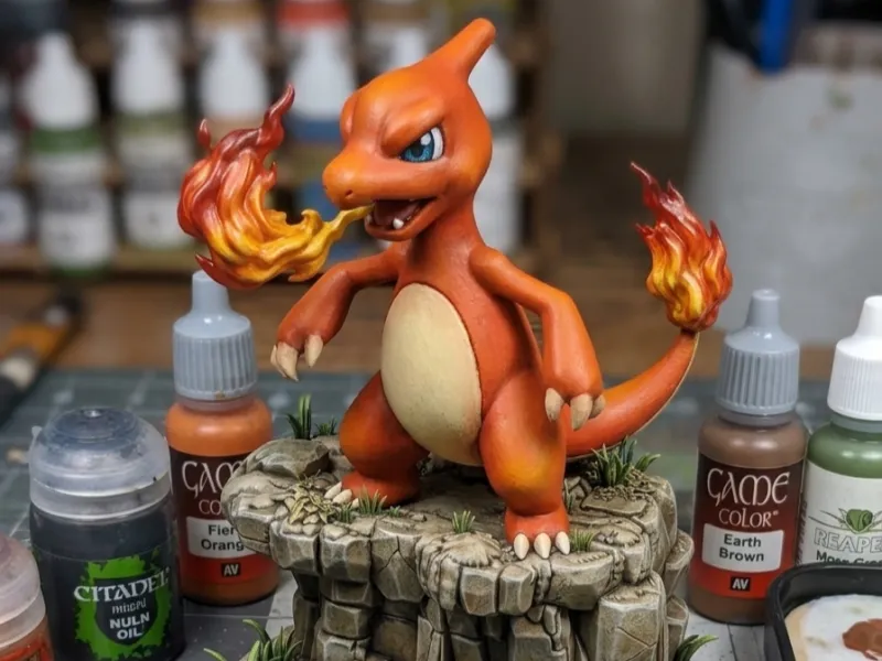 Charmeleon Breathing Fire on Rocky Diorama Base