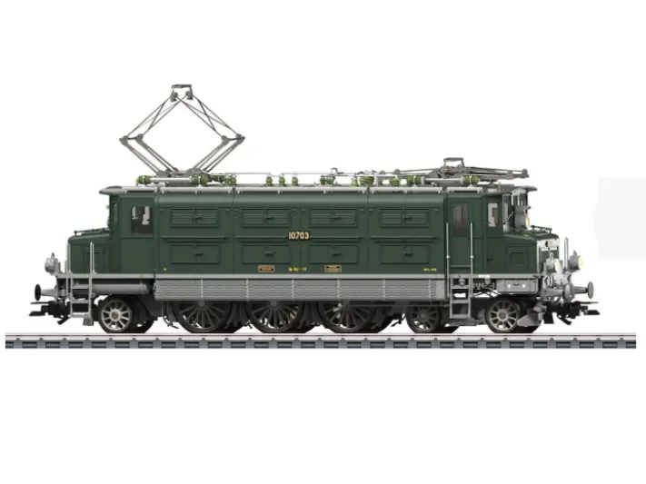 Green Electric Locomotive on Tracks
