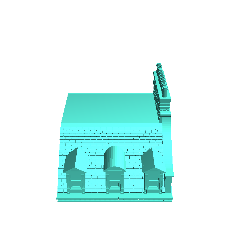Large modern building with balcony and chimneys with low wal