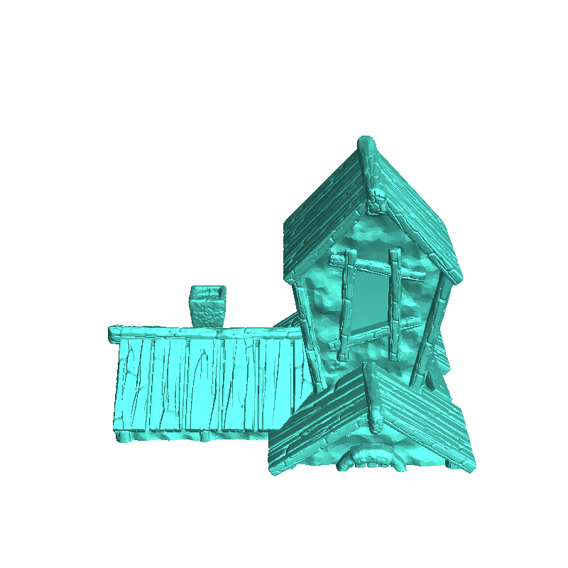 Medieval house with wooden roof and central tower with windo