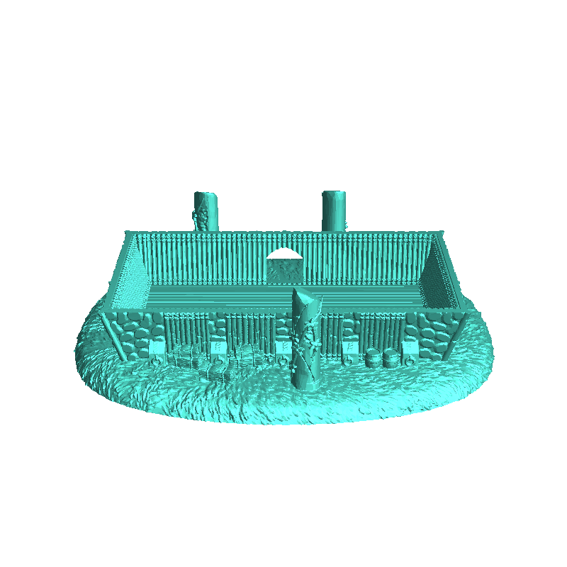Large curved-roof medieval building with upstairs terrace an
