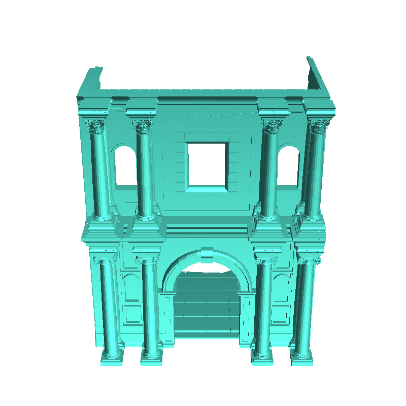 Monasterio neoclásico en ruinas con frontón y campanario