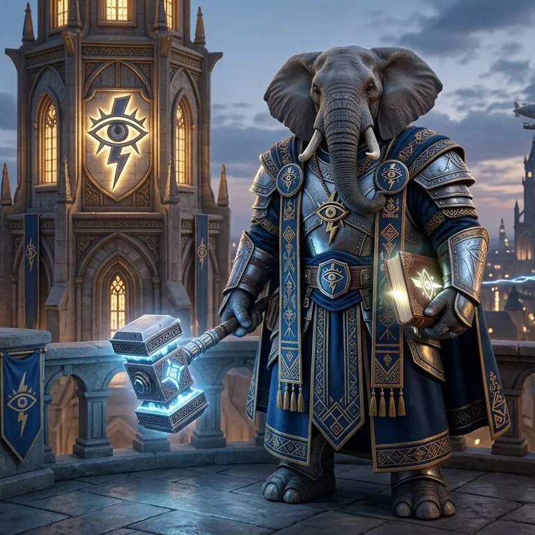 Loxodon cleric with house medani heir background 