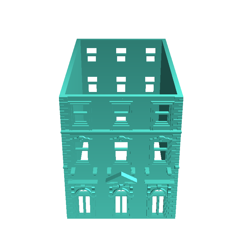 Large modern building with balcony and chimneys with low wal