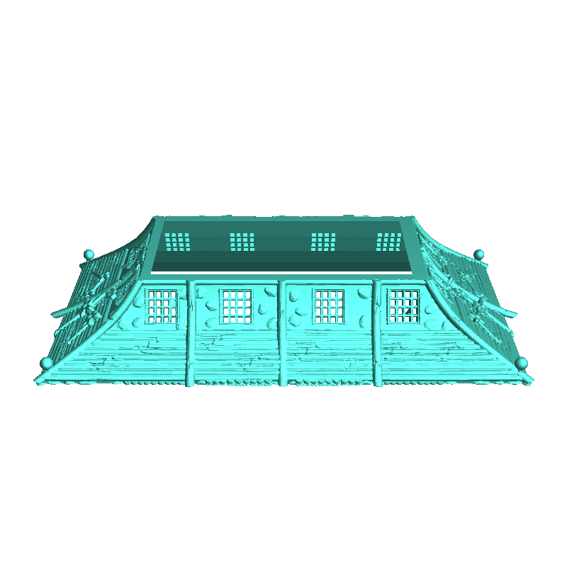 Large curved-roof medieval building with upstairs terrace an