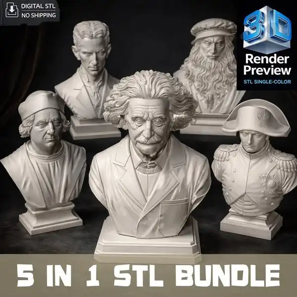 5 in 1 Famous Scientist Bust STL Bundle