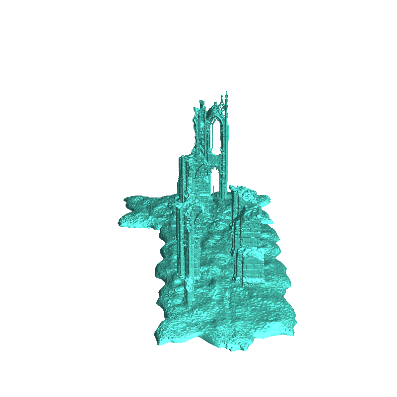Conjunto de ruinas de catedral gótica con grandes arcos y derrumbe