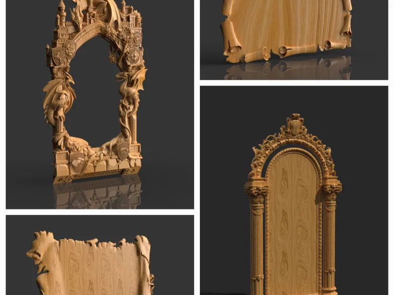 4 modèles de cadres avec dragon, pour miroir, parchemin