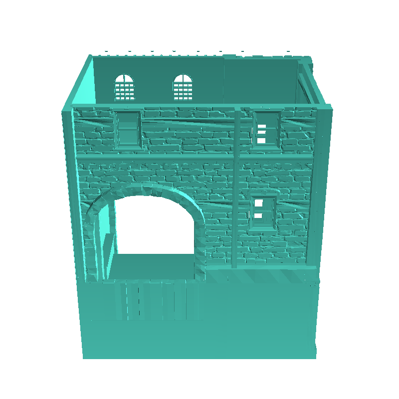 Medieval stone building with concave roof and central stairc