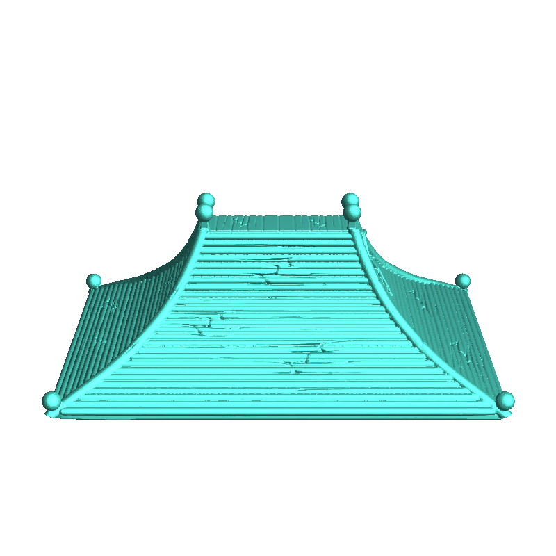 Large curved-roof medieval building with upstairs terrace an