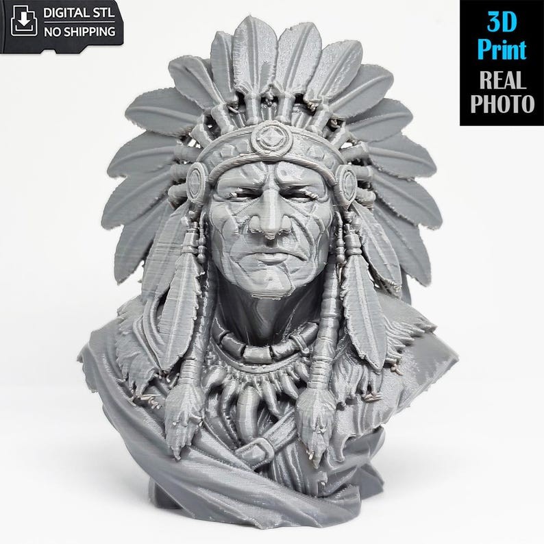 Native American Chief Bust STL – Single Color 3D Print Model
