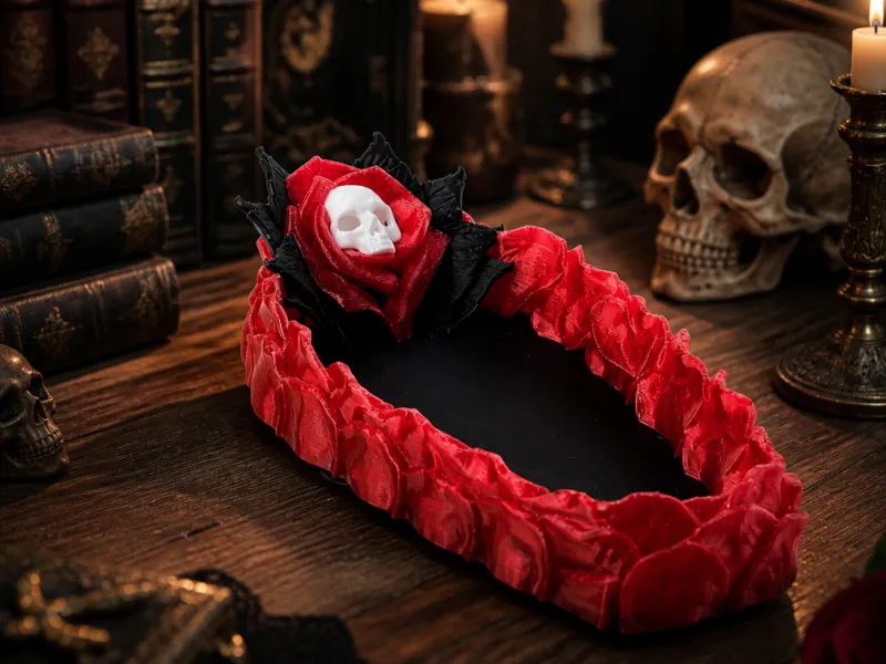 Gothic Rose Coffin Jewelry Tray with Skull