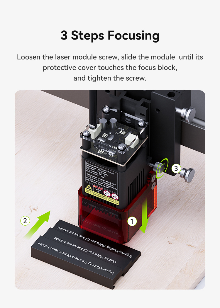 Instructional guide compatible with Creality Falcon machines for focusing the Falcon Laser Module 1.6W. Illustrates close-up of the laser, numbered steps and arrows for loosening the module screw, sliding it until cover touches focus block, and tightening the screw.