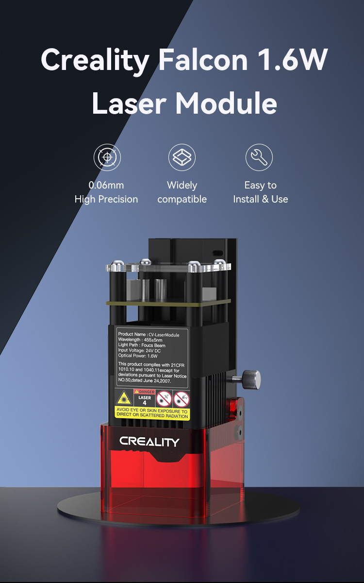 Image of a Creality Falcon Laser Module 1.6W for More Detail Projects. The black module with a red base displays specifications, features 0.06mm high precision, is widely compatible with many machines, and offers easy installation and use.