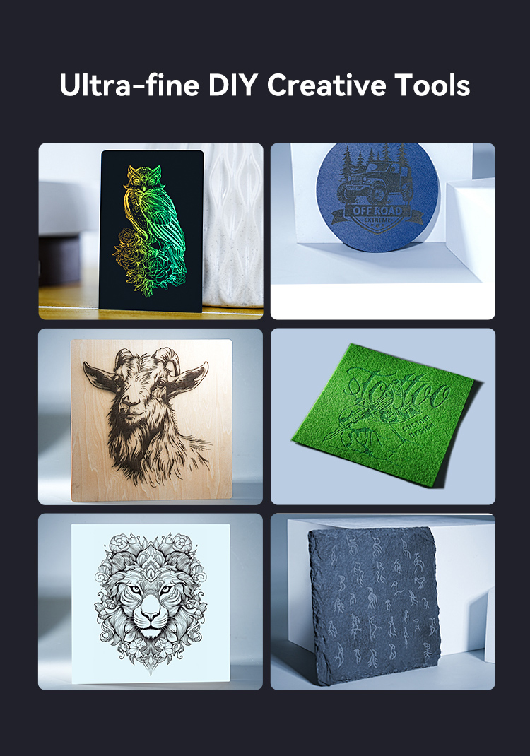 Collage of six engraved designs: a vibrant owl, blue disk with off-road scene, goat on wood, green textured greeting, detailed lion illustration, and patterned dark fabric. Text above: “Falcon Laser Module 1.6W for More Detail Projects.” Compatible with various machines for seamless creativity. Brand: Creality Falcon.