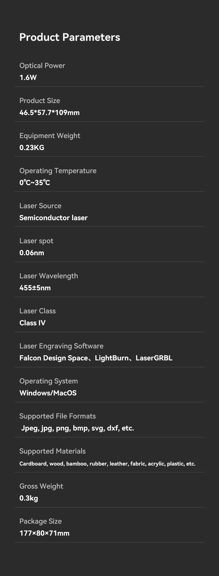 An image displays details of the Falcon Laser Module 1.6W for More Detail Projects by Creality Falcon, listing power, size, weight, laser type, dimensions, compatible software/machines like Falcon Safe; supported materials such as Purify Smoke filters; and package size in white text on a black background.