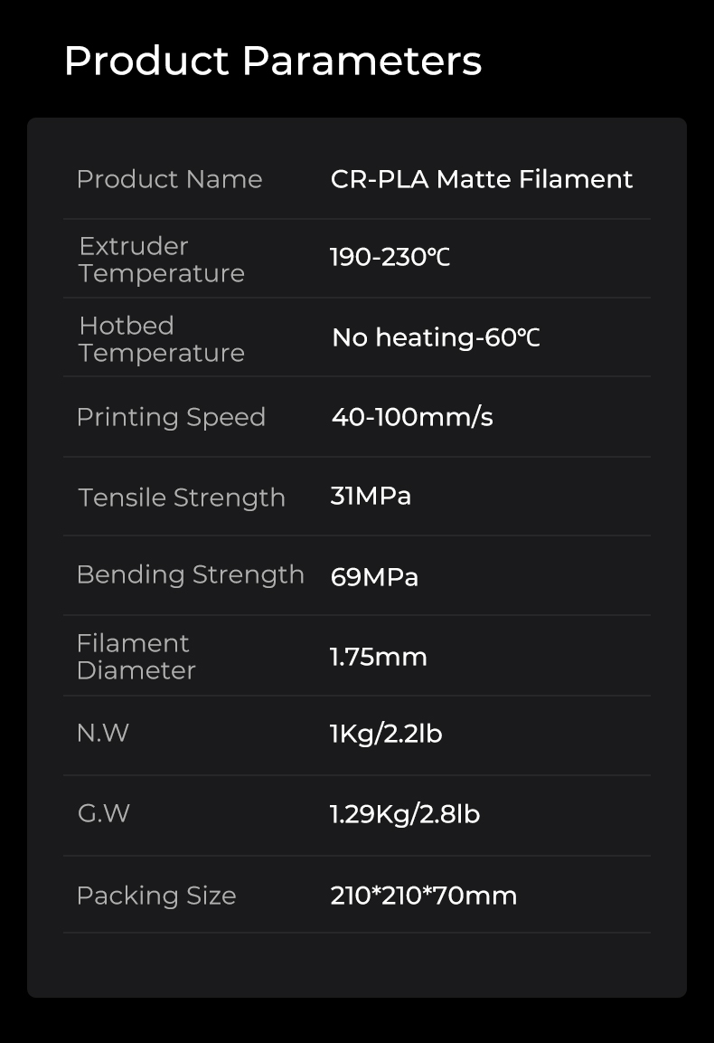 Creality CR-PLA Matte Texture 1.75mm PLA 3D Printing Filament 1kg, Mat –