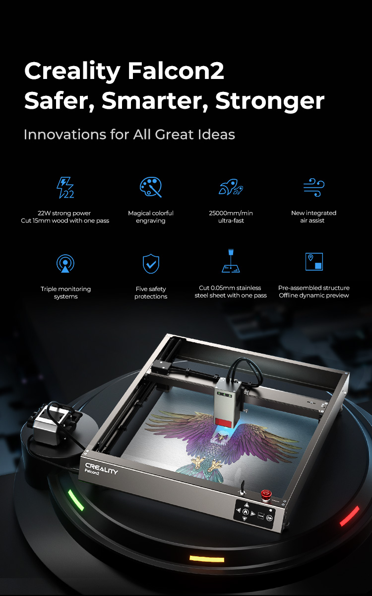 Creality Falcon 2 22W Laser Cutter, Integrated Air Assist, 25000mm/min  Speed, 0.1mm Compressed Spot, 400*415mm - EU Plug 