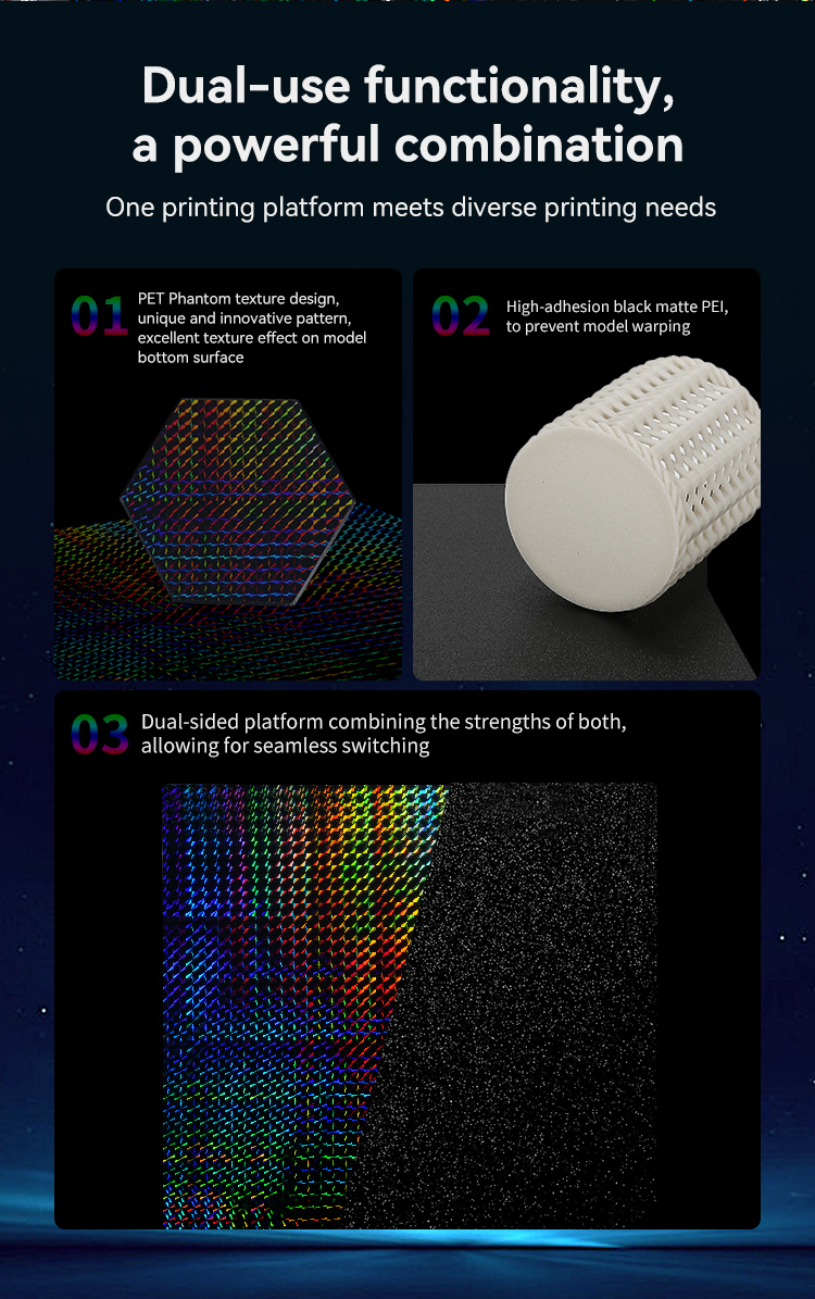 Creality Phantom PET holographic surface and black textured PEI printing comparison