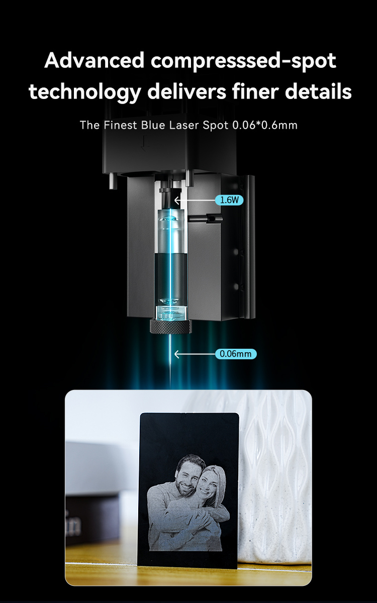 Advertisement highlighting the Creality Falcon Laser Module 1.6W, featuring advanced compressed-spot laser technology and Falcon Safe. Engraves precise details on metal with a 0.06*0.6mm spot size, includes Compatible Machines for efficiency and convenience.