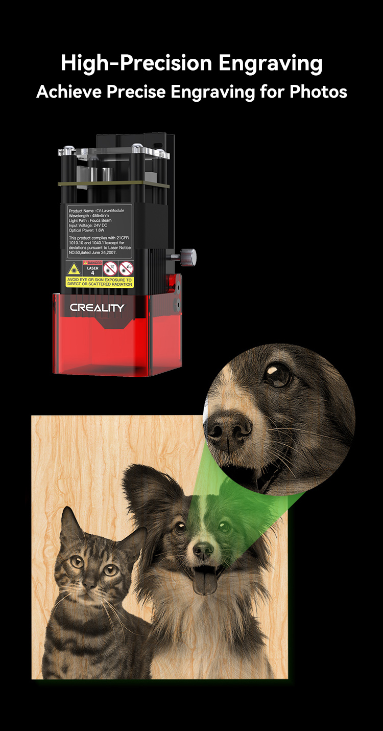 The Creality Falcon Laser Module 1.6W showcases its precision by intricately engraving a dog and cat on wood. With Falcon Safe technology, this model ensures safety and efficiency, offering an inset view of the detailed engravings.