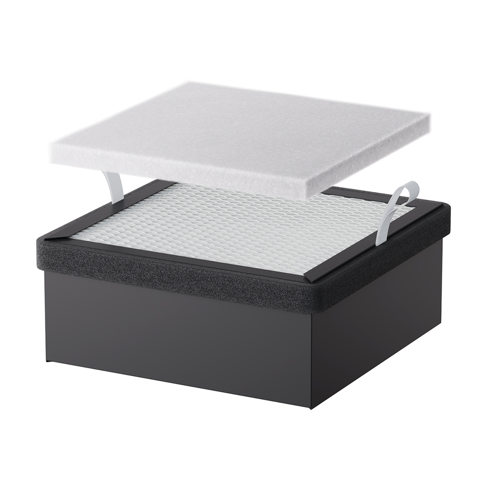 The Creality Falcon Replacement Filter for the Falcon A1 Air Purifier features a black rectangular box with a gray mesh top. Its removable white high-efficiency filter layer, shown above the box with pull tabs, highlights easy replacement.