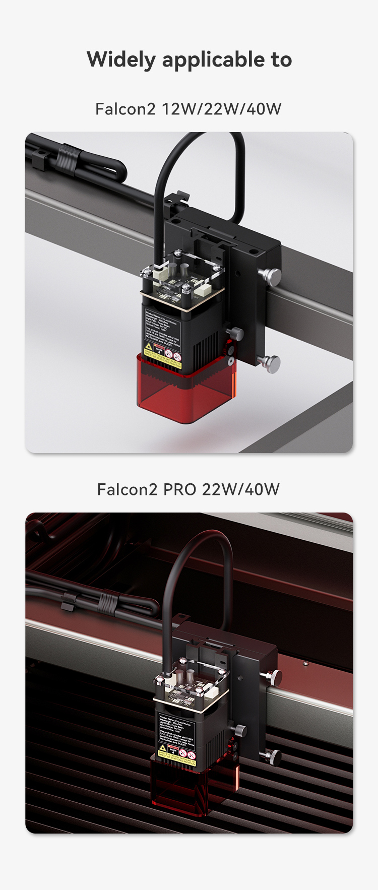 The images feature mounted laser engraver modules labeled as Creality Falcon Laser Module 1.6W for More Detail Projects, set on a metal frame with wiring and control boxes. The modules are made for compatible machines, against a clean, light background ideal for highlighting their advanced features.