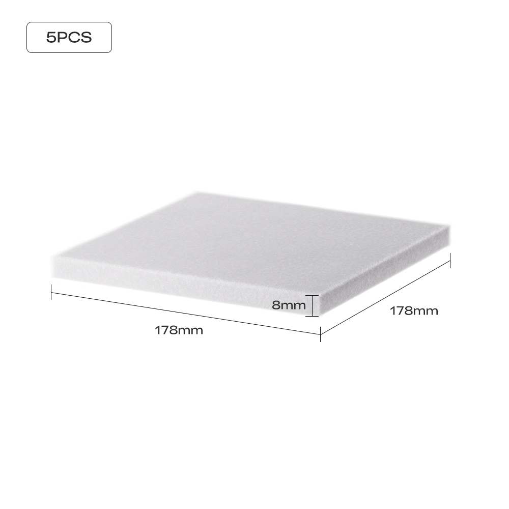 Pack of five Creality Falcon Replacement Filters for Falcon A1 Air Purifier, each 178mm x 178mm x 8mm, shown with labeled dimensions on a plain white background.